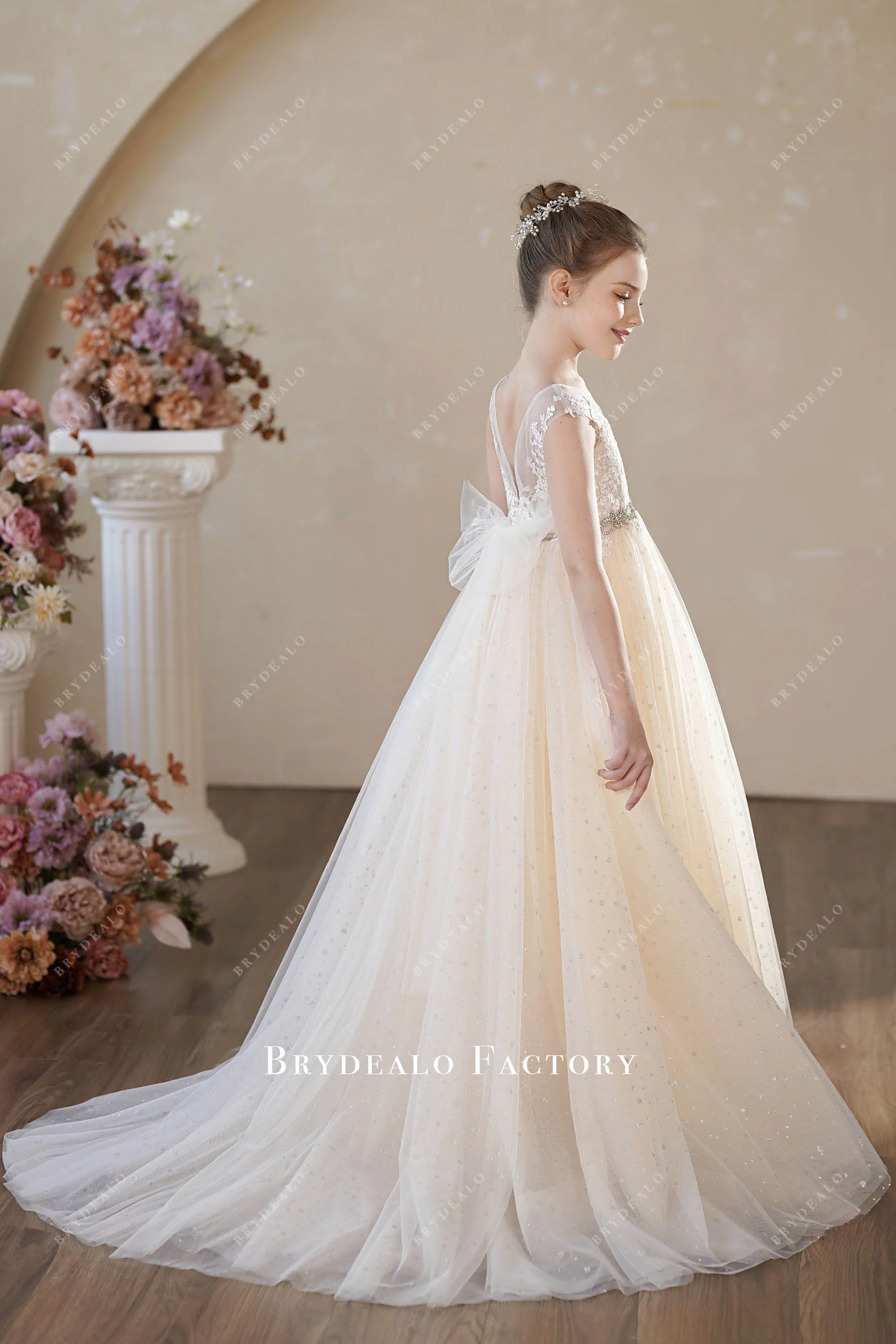 Champagne Cap Sleeve Puffy Shimmery Tulle Flower Girl Dress