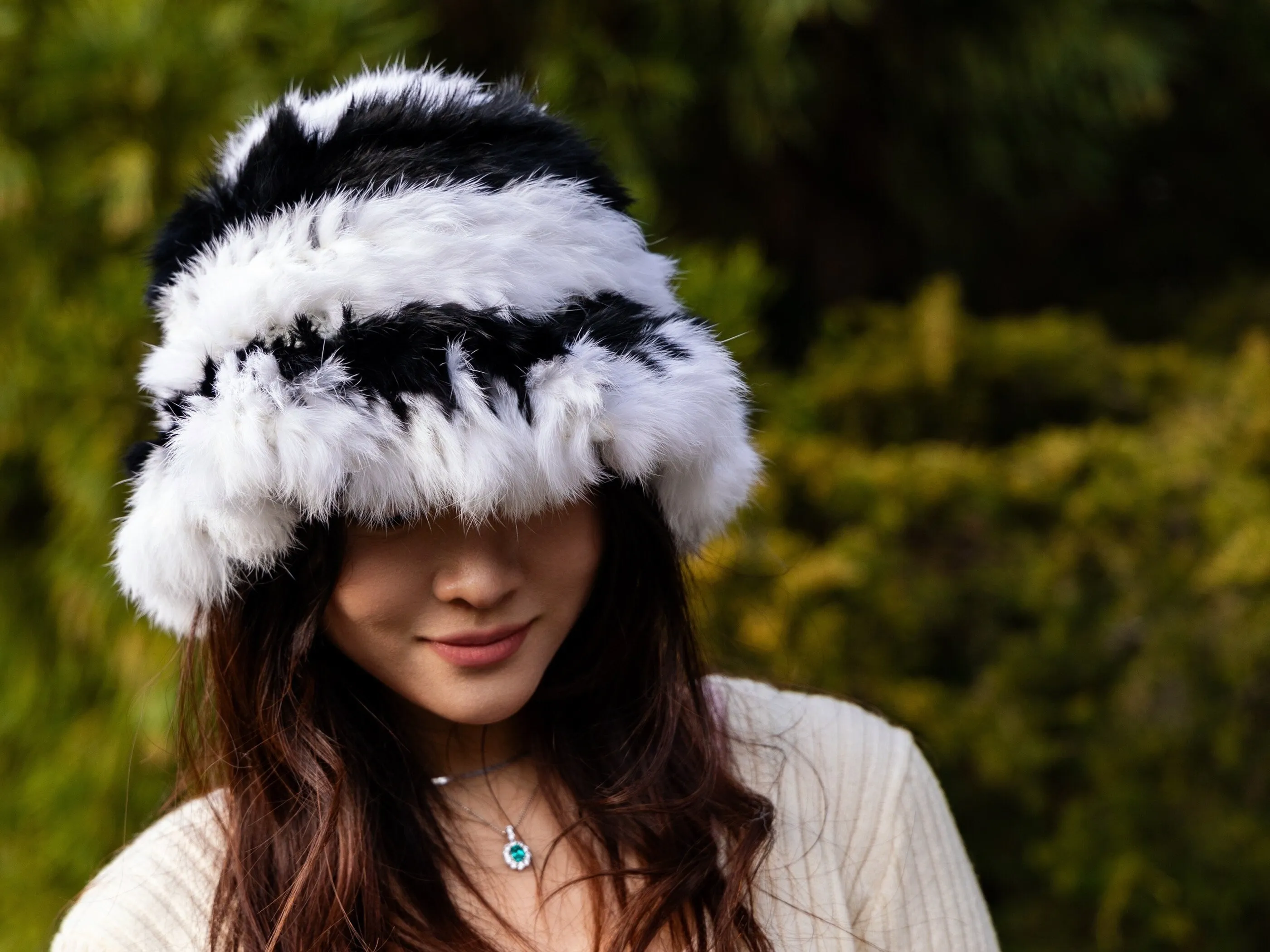 Chic Winter Fur Hat Knit Beanie, Elegant Winter Headwear, Stylish Cold-Weather Accessory, Sleek Fur Hat, Black & White Fur Beanie