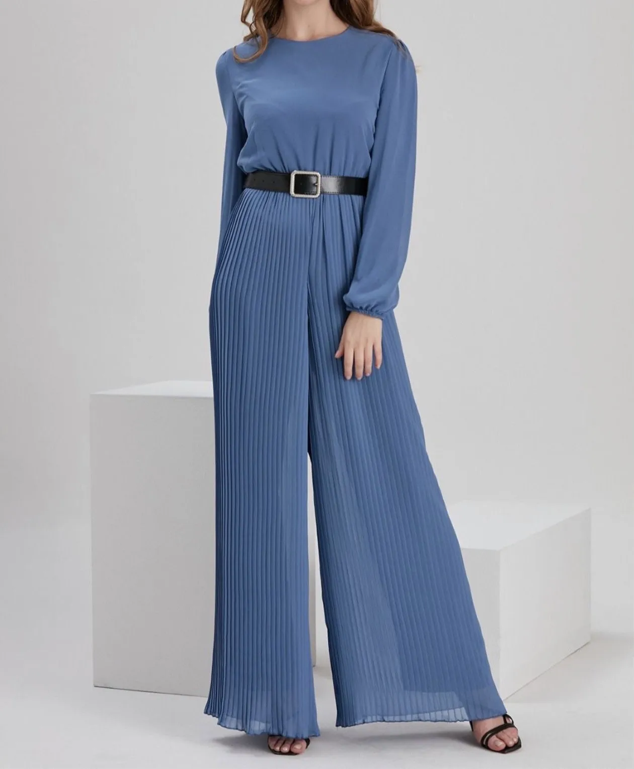 Chiffon Pleated Jumpsuit- Azul