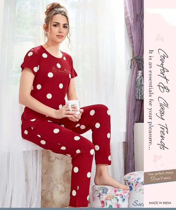 Cotton Printed Maroon Nightsuit Pajama Set for Woman