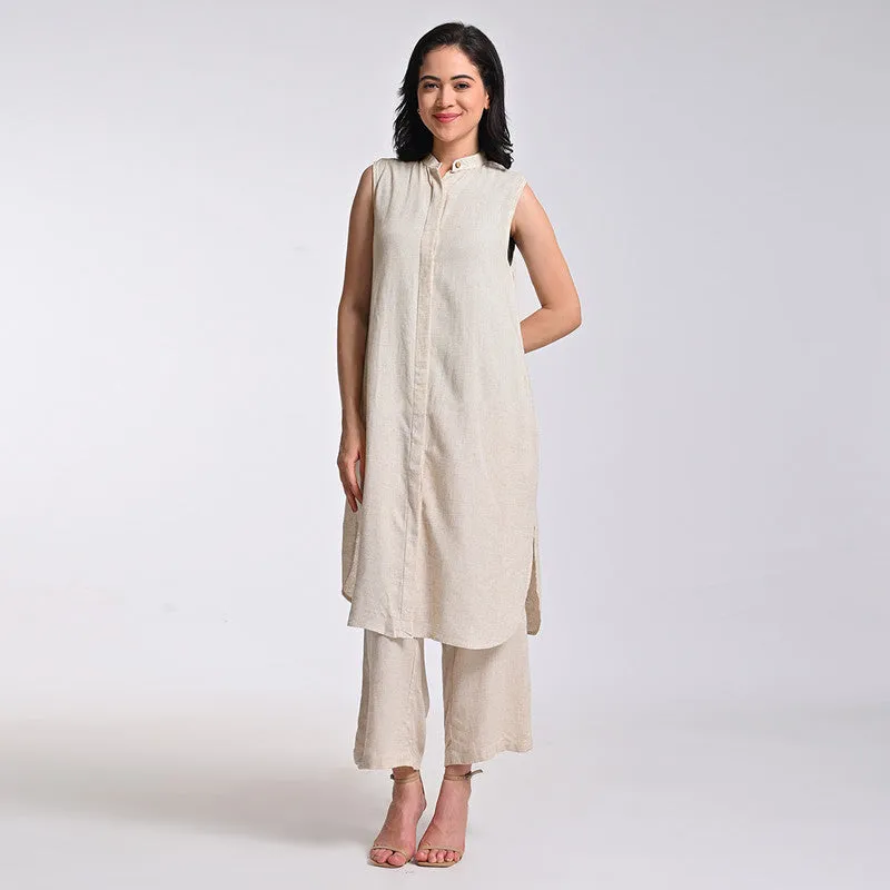 Cotton Solid Co Ord Set For Women | Shirt & Pant | Band Collar | Beige