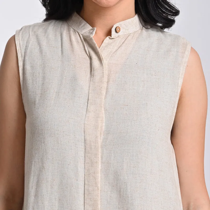 Cotton Solid Co Ord Set For Women | Shirt & Pant | Band Collar | Beige