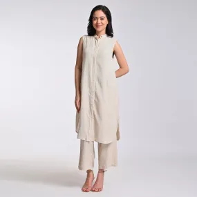 Cotton Solid Co Ord Set For Women | Shirt & Pant | Band Collar | Beige