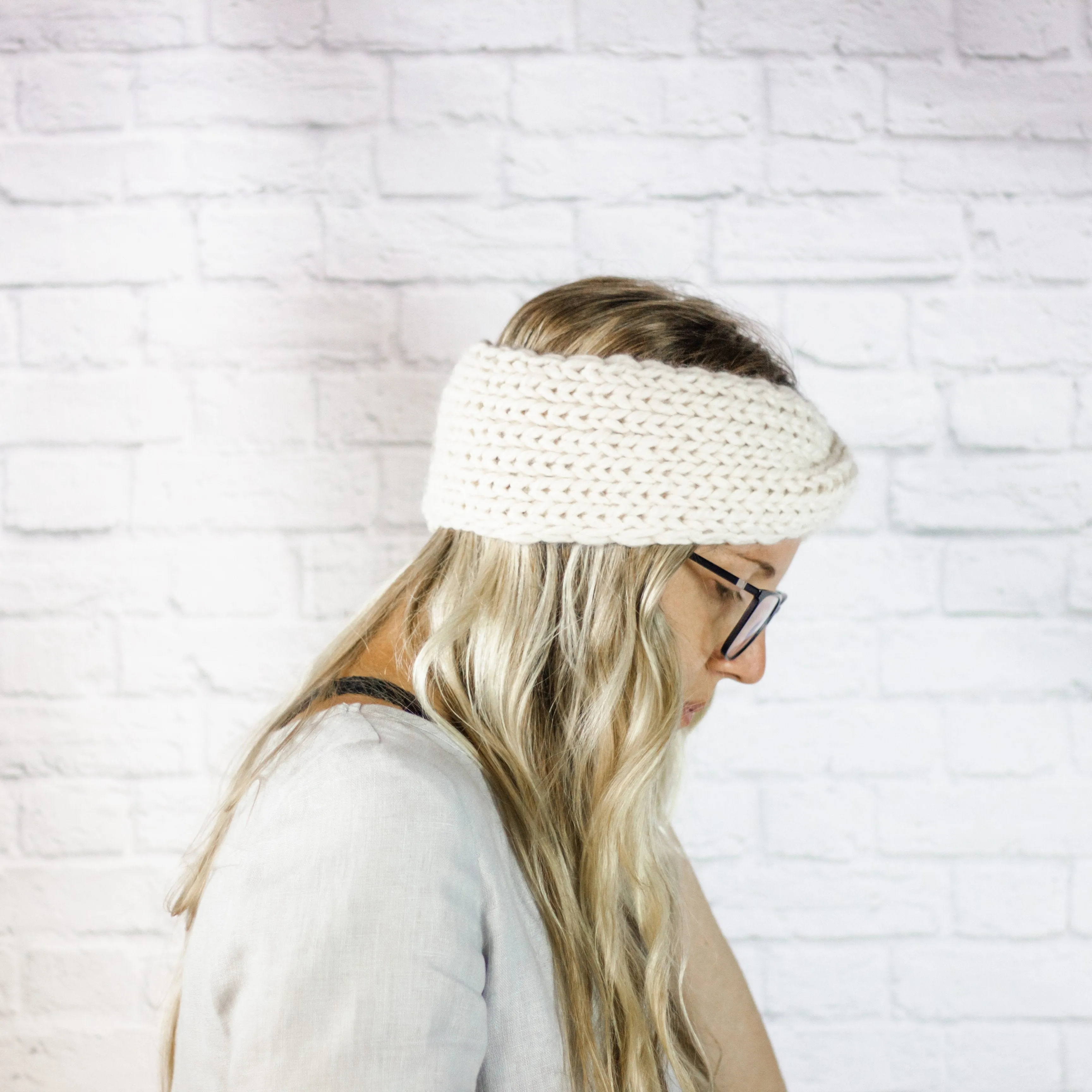 Cream Chunky Knit Ear Warmer, Ladies Wide Twisted Turban Headband