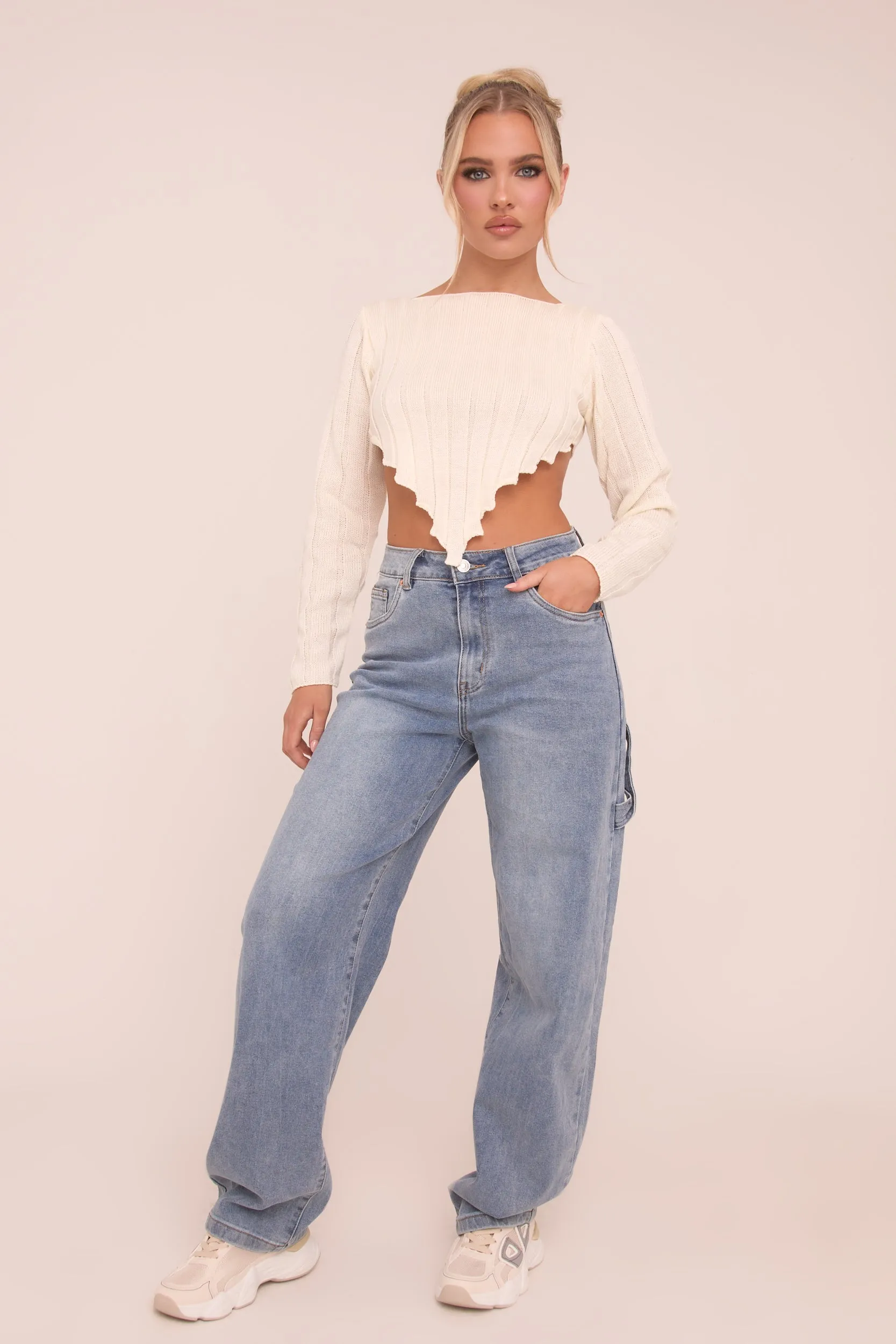 Cream Knit Asymmetric Hem Cropped Jumper - Prima