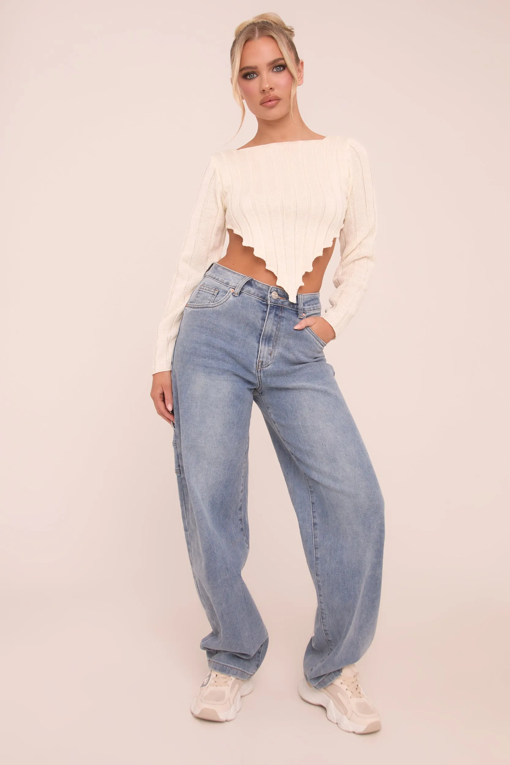 Cream Knit Asymmetric Hem Cropped Jumper - Prima