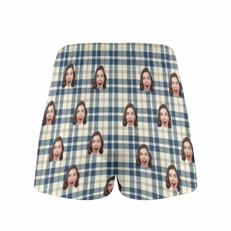 Custom Face Blue Line Plaid Boxer Shorts Pure Cotton Shorts for Men