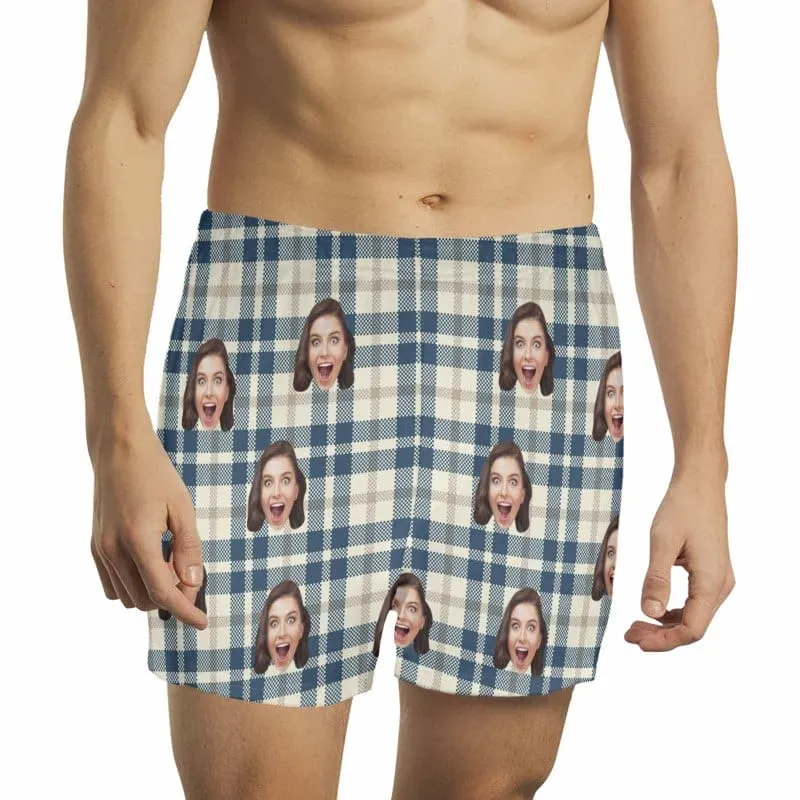 Custom Face Blue Line Plaid Boxer Shorts Pure Cotton Shorts for Men