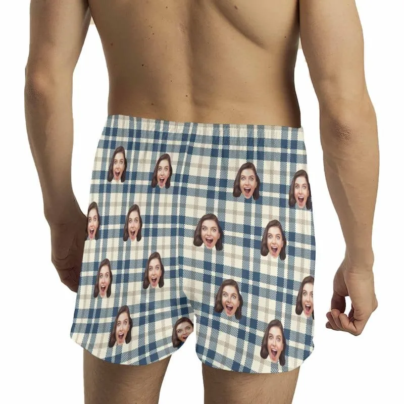 Custom Face Blue Line Plaid Boxer Shorts Pure Cotton Shorts for Men