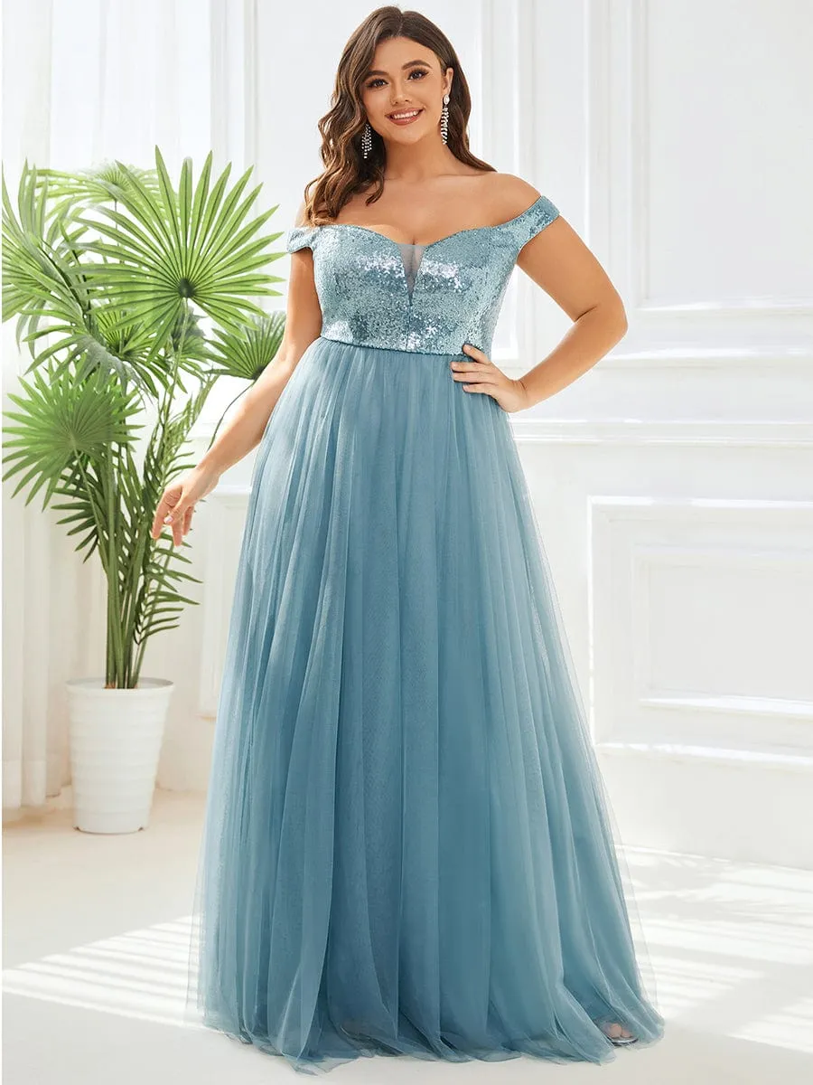 Custom Size A-line Sequin Off the Shoulder Maxi Tulle Evening Dress