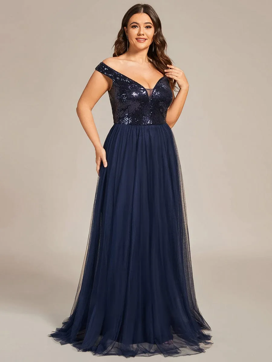 Custom Size A-line Sequin Off the Shoulder Maxi Tulle Evening Dress