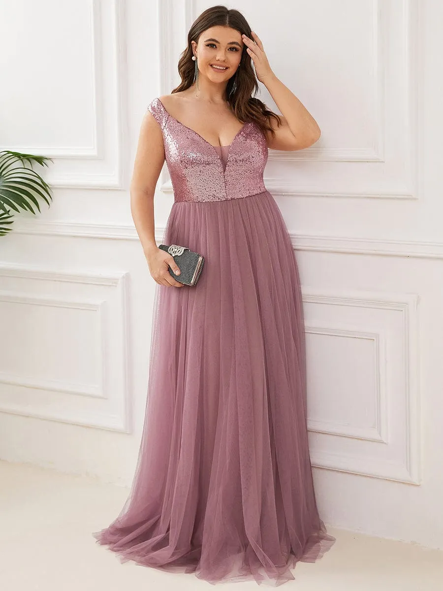 Custom Size A-line Sequin Off the Shoulder Maxi Tulle Evening Dress