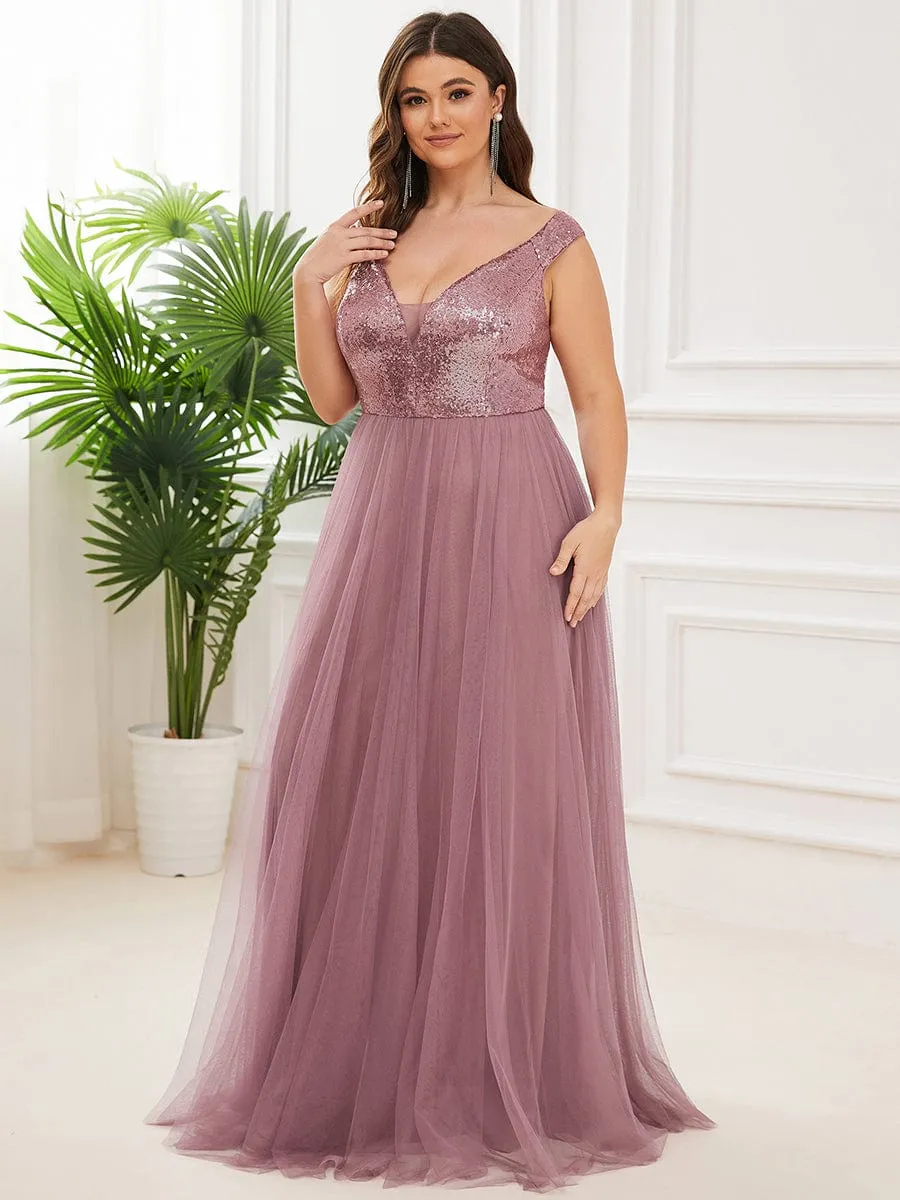 Custom Size A-line Sequin Off the Shoulder Maxi Tulle Evening Dress