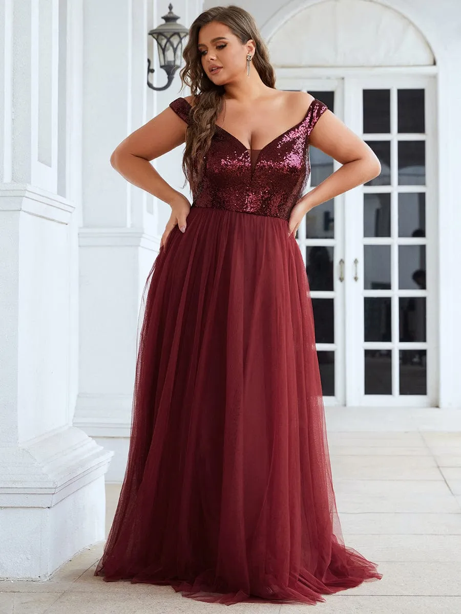 Custom Size A-line Sequin Off the Shoulder Maxi Tulle Evening Dress