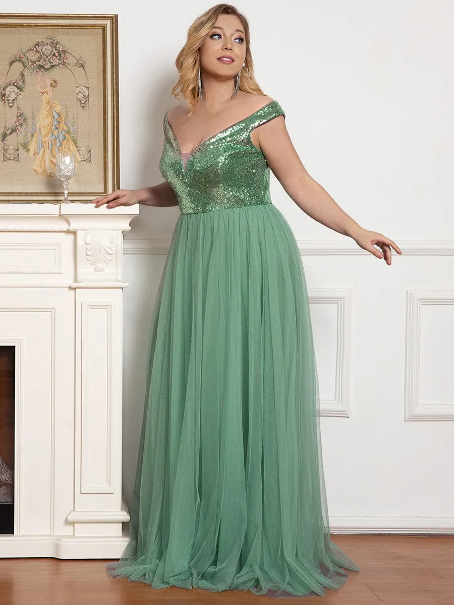 Custom Size A-line Sequin Off the Shoulder Maxi Tulle Evening Dress