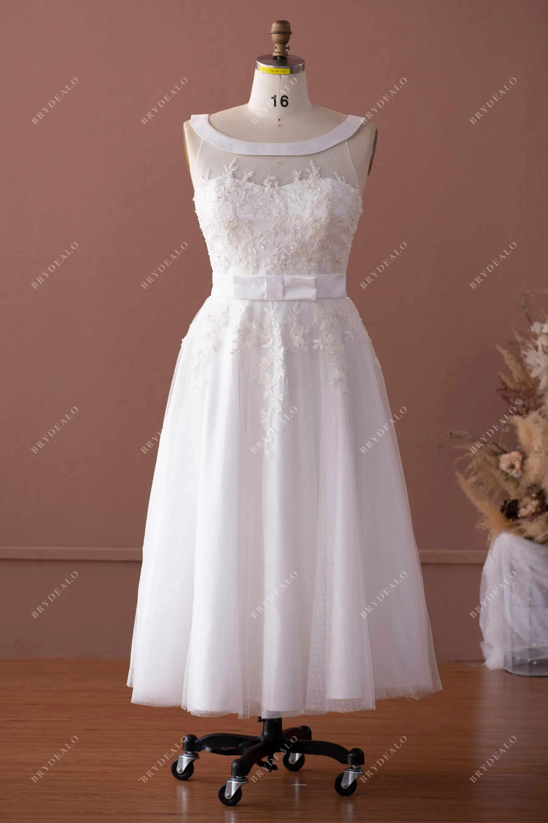 Cute Sequin Lace Tea Length Puffy Wedding Dress