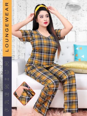 Dark Yellow Checked Night suit for ladies with long Top and Pockets