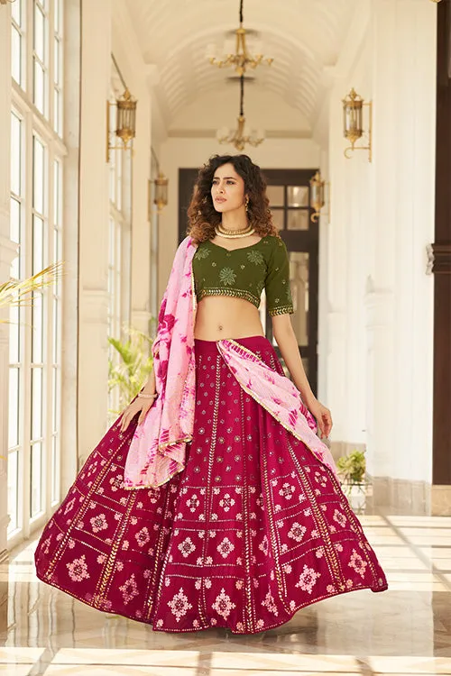 Deep Pink Georgette Thread With Sequins Embroidered Lehenga Choli