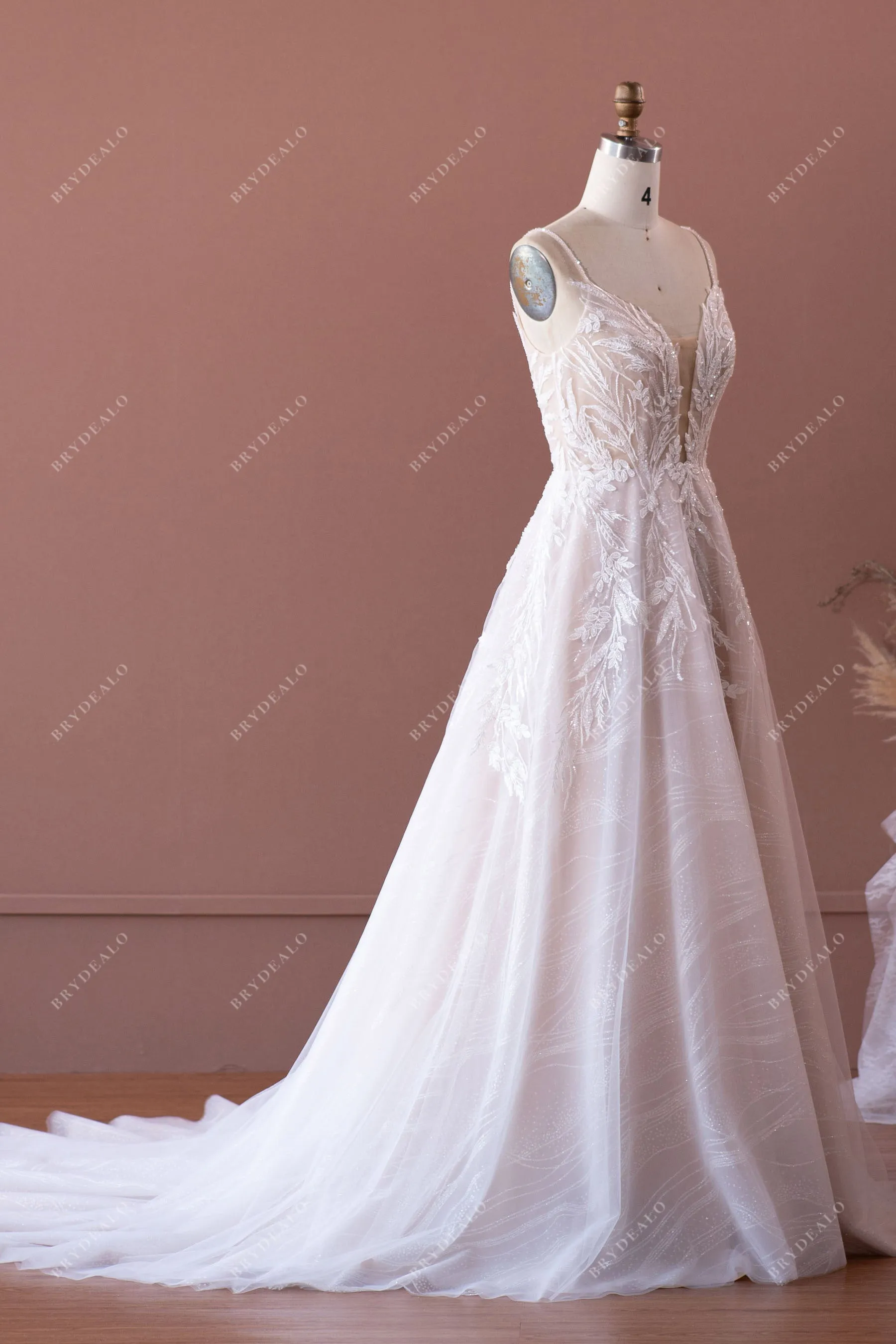 Designer Beaded Strap Plunging Shimmery Lace A-line Nude Wedding Dress