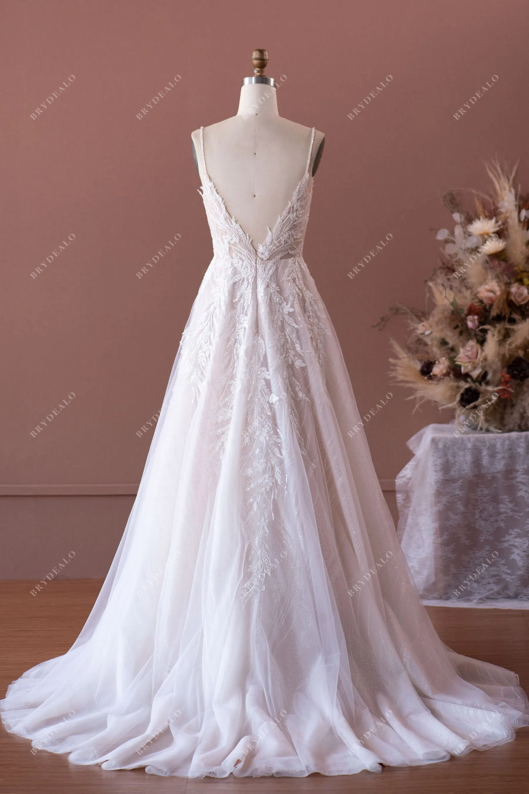 Designer Beaded Strap Plunging Shimmery Lace A-line Nude Wedding Dress