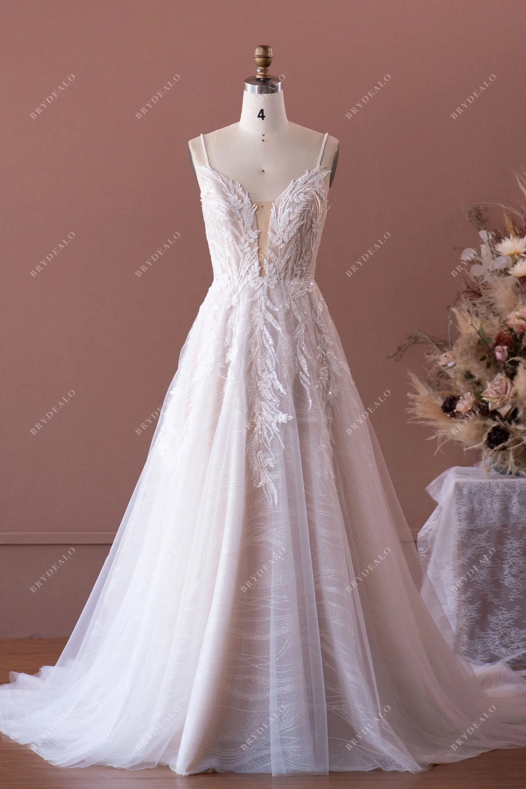 Designer Beaded Strap Plunging Shimmery Lace A-line Nude Wedding Dress