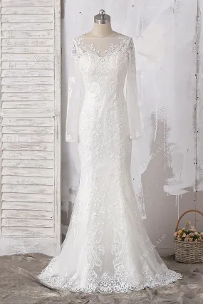 Designer Lace Long Sleeves Bustle Mermaid Wedding Dress