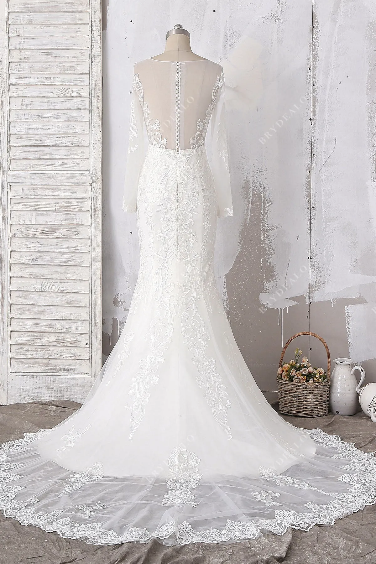 Designer Lace Long Sleeves Bustle Mermaid Wedding Dress