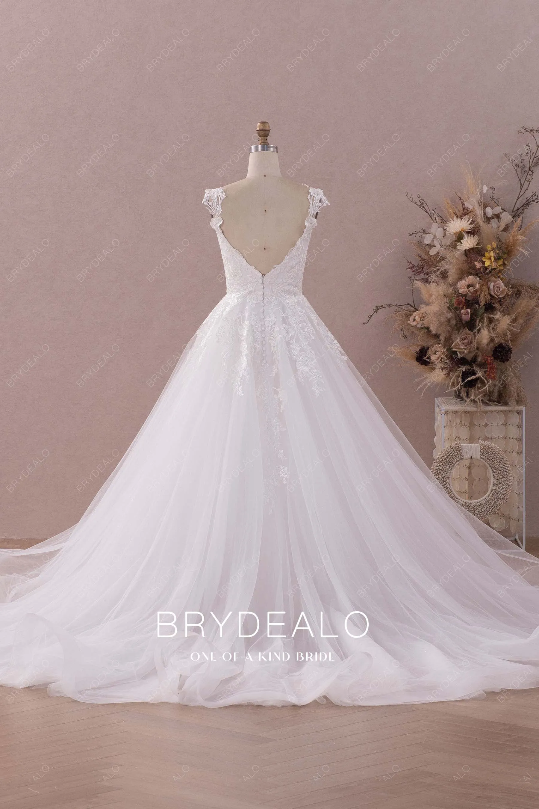 Designer Lace Strap Shimmery Tulle Puffy A-line Princess Wedding Dress