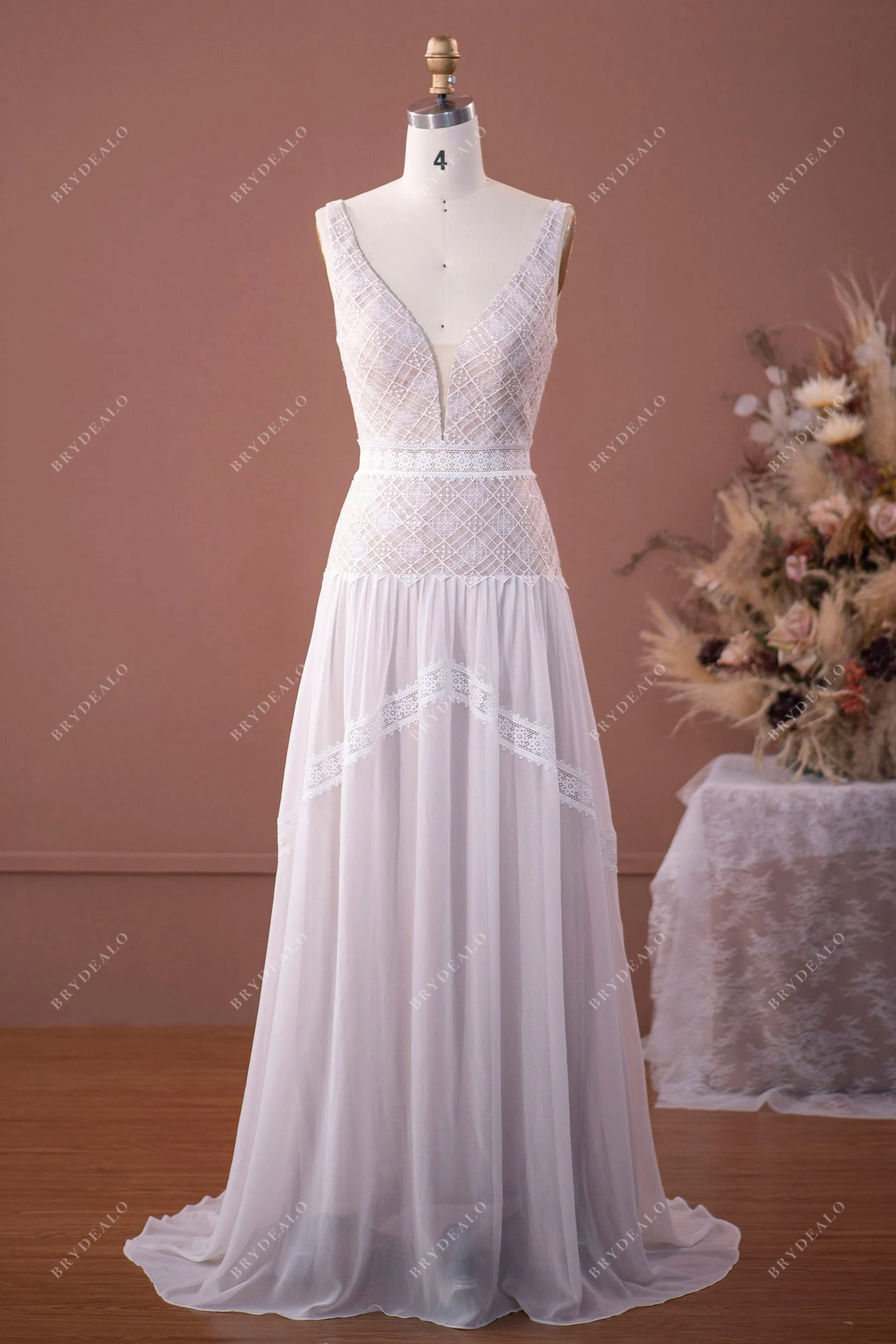 Designer Plunging Lace Drop Waist Chiffon Boho Nude Wedding Dress