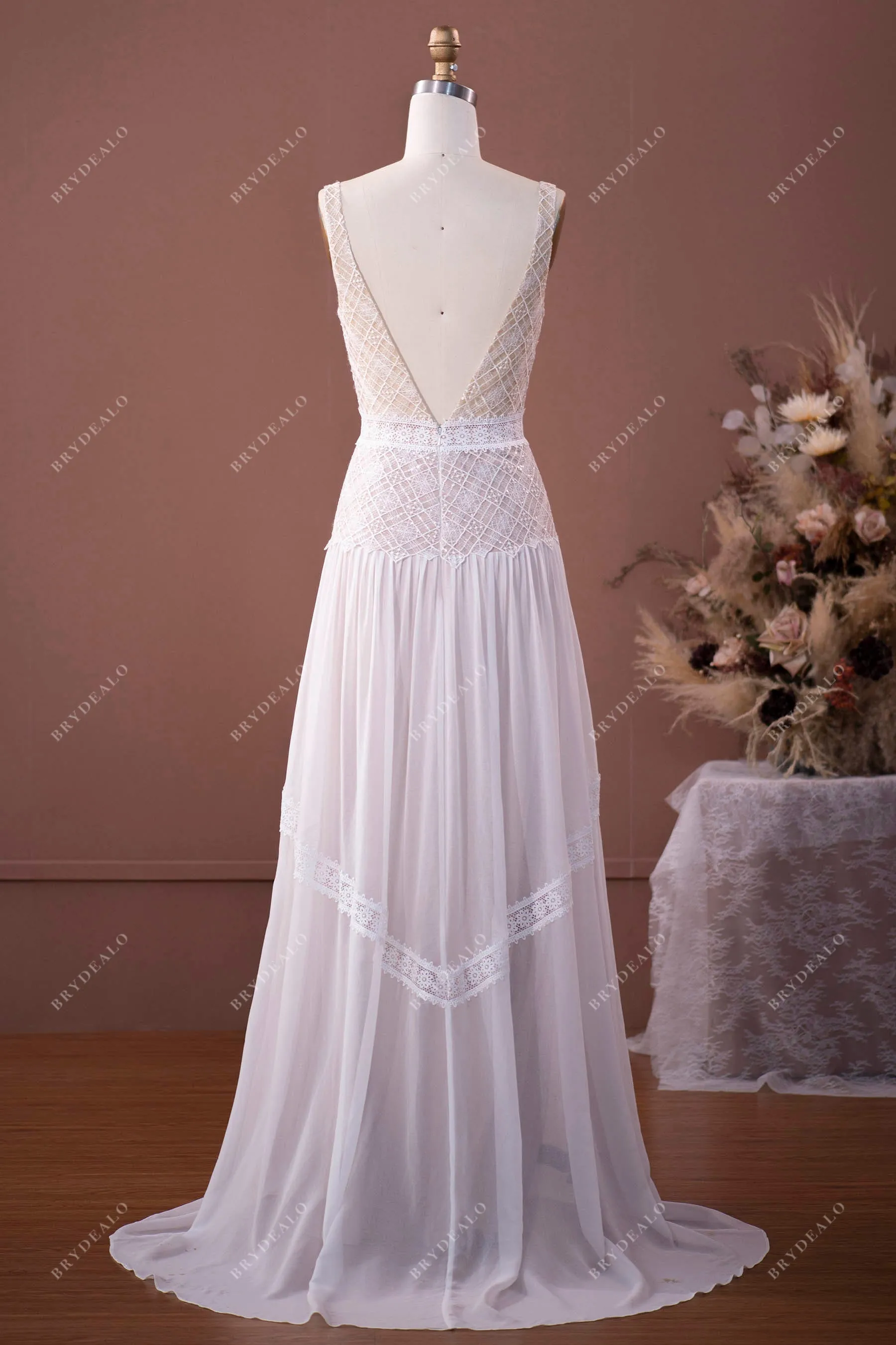 Designer Plunging Lace Drop Waist Chiffon Boho Nude Wedding Dress