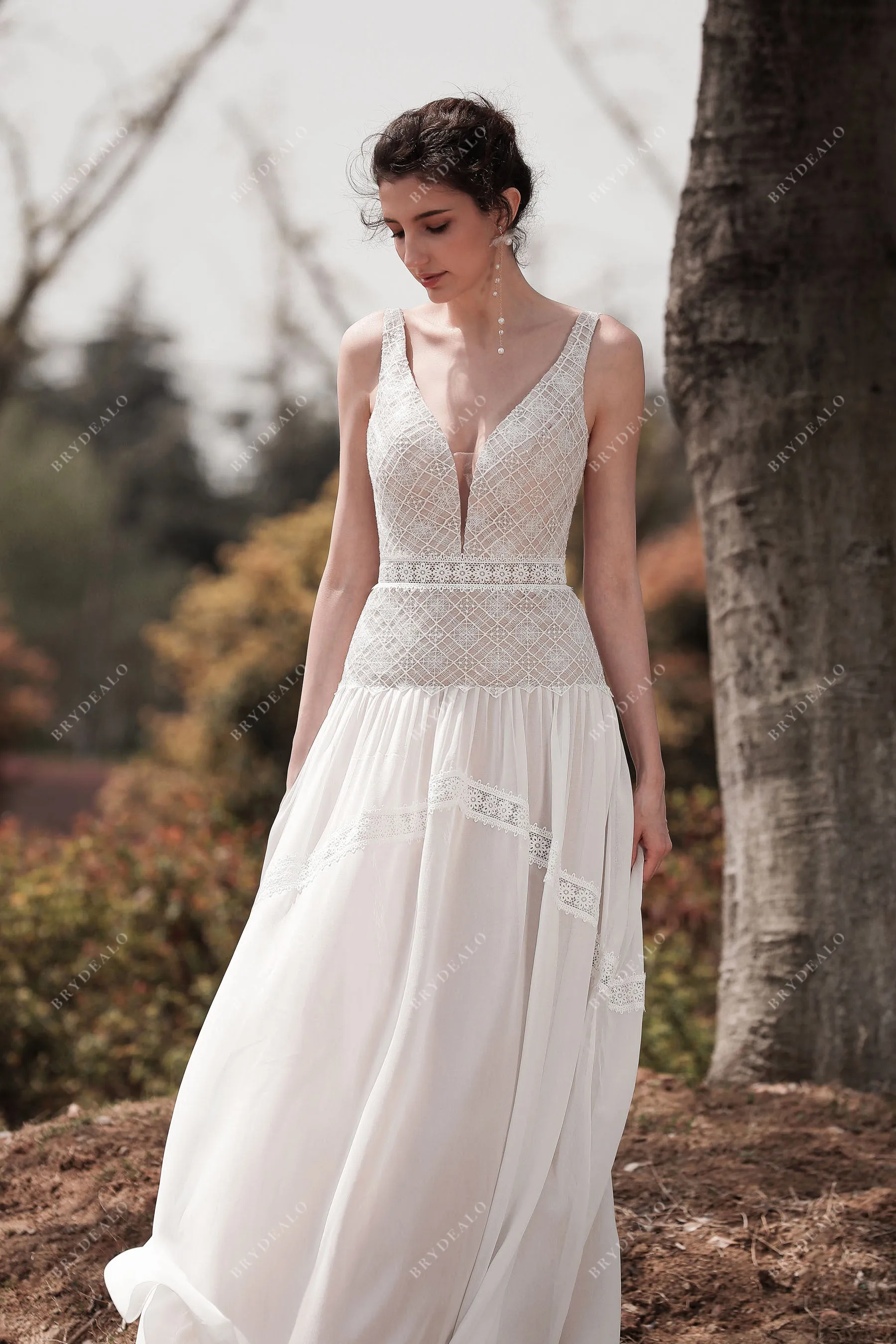 Designer Plunging Lace Drop Waist Chiffon Boho Nude Wedding Dress