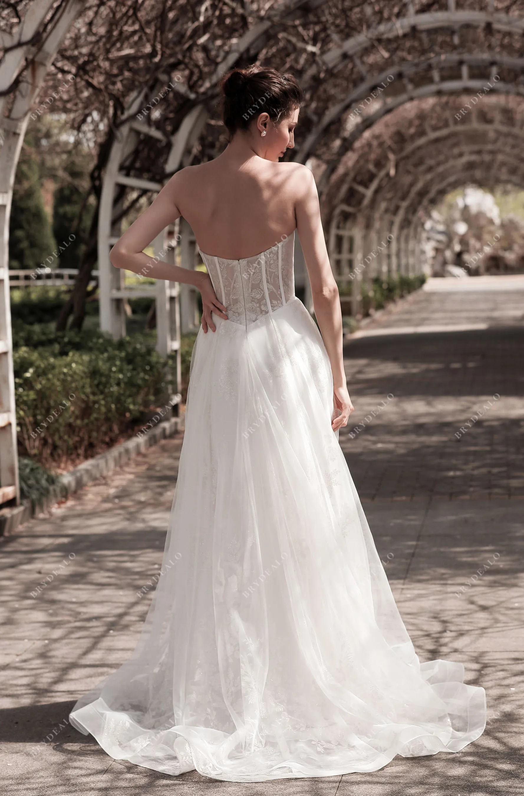 Designer Sheer Corset Lace Strapless Fall Wedding Dress