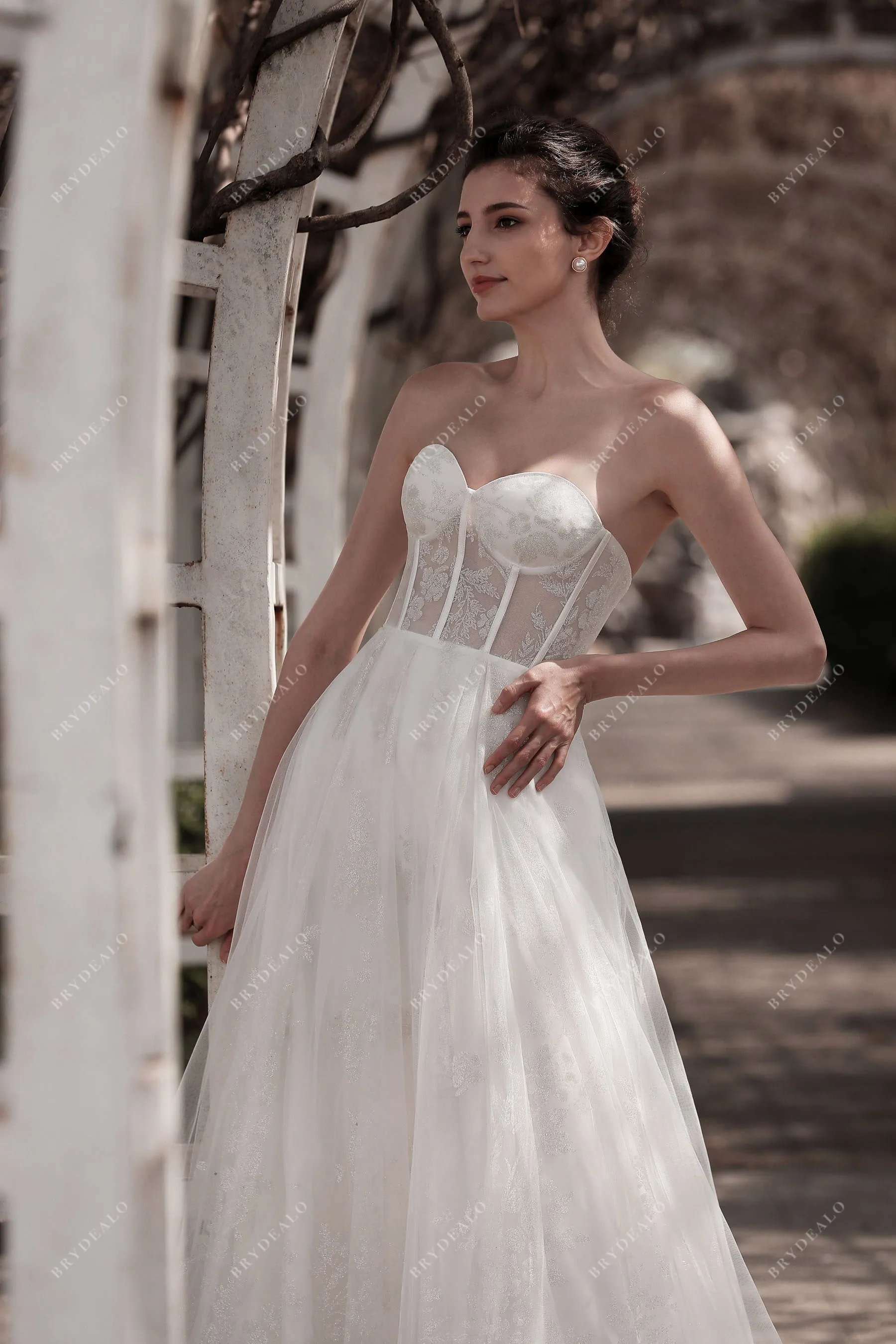 Designer Sheer Corset Lace Strapless Fall Wedding Dress