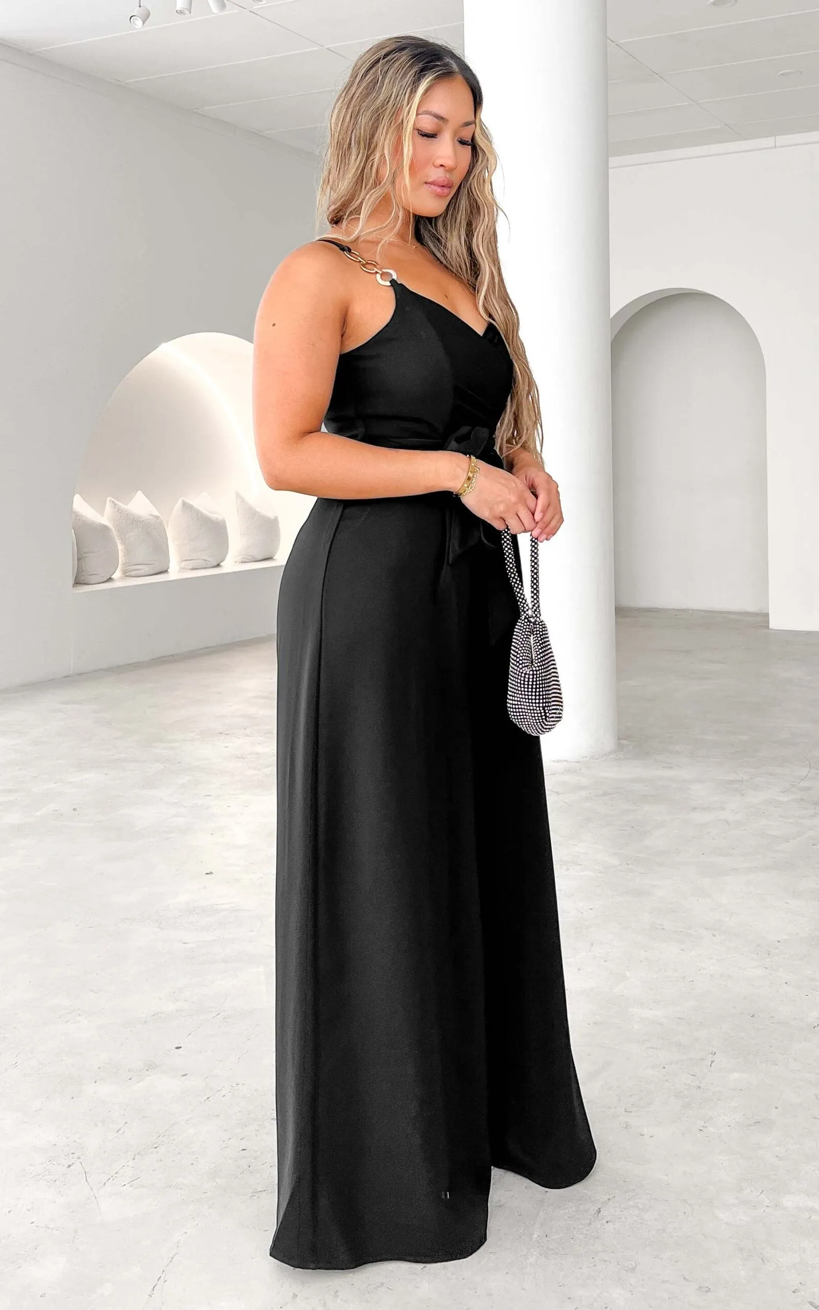 Diaz Shirred Back Panel Wide Leg Jumpsuit - Black