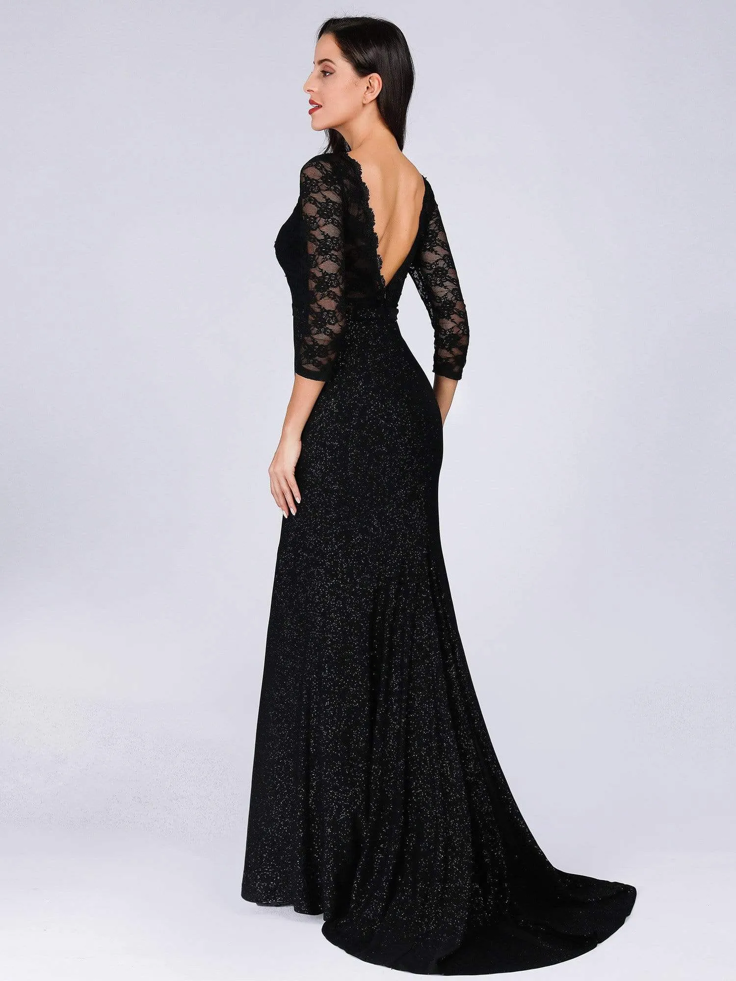 Elegant V Neck Shiny Fishtail Evening Dresses with 3/4 Lace Sleeves