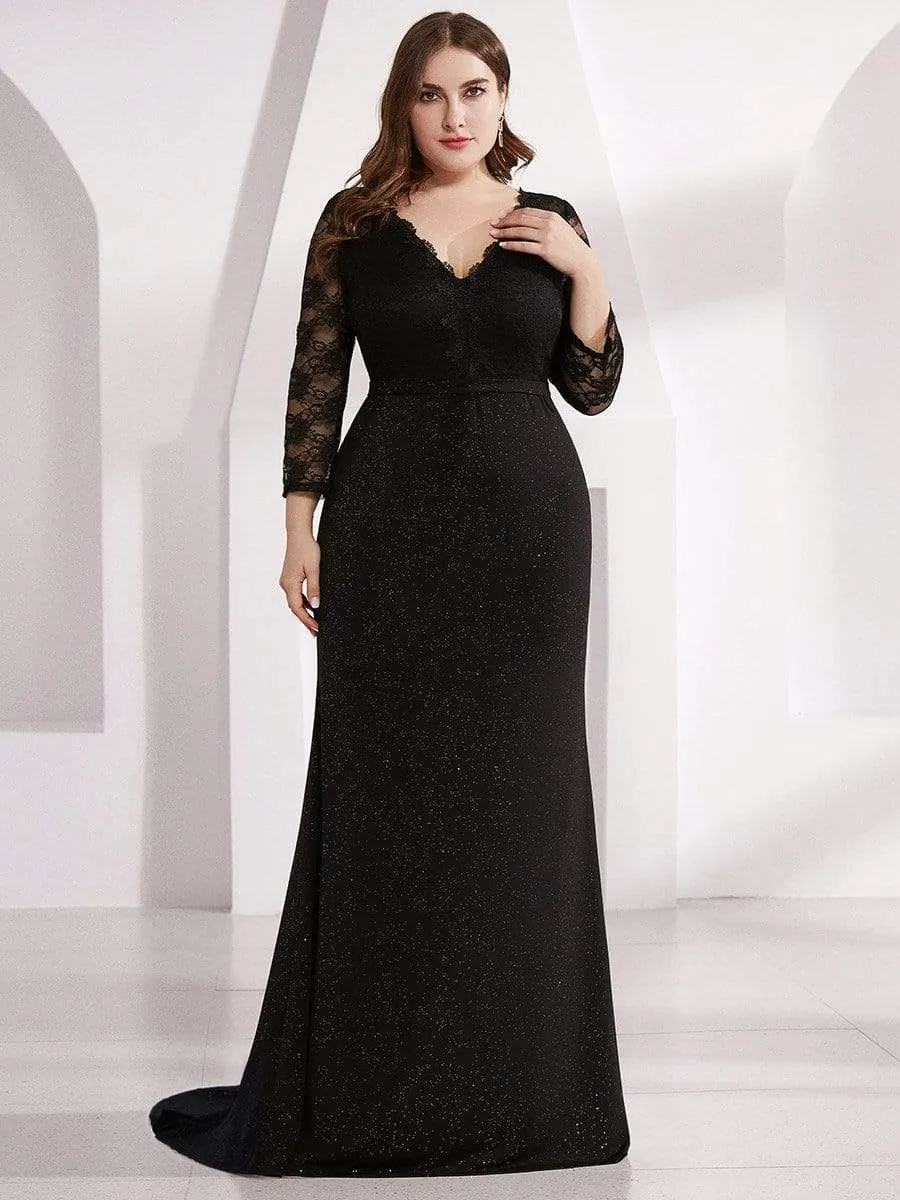 Elegant V Neck Shiny Fishtail Evening Dresses with 3/4 Lace Sleeves