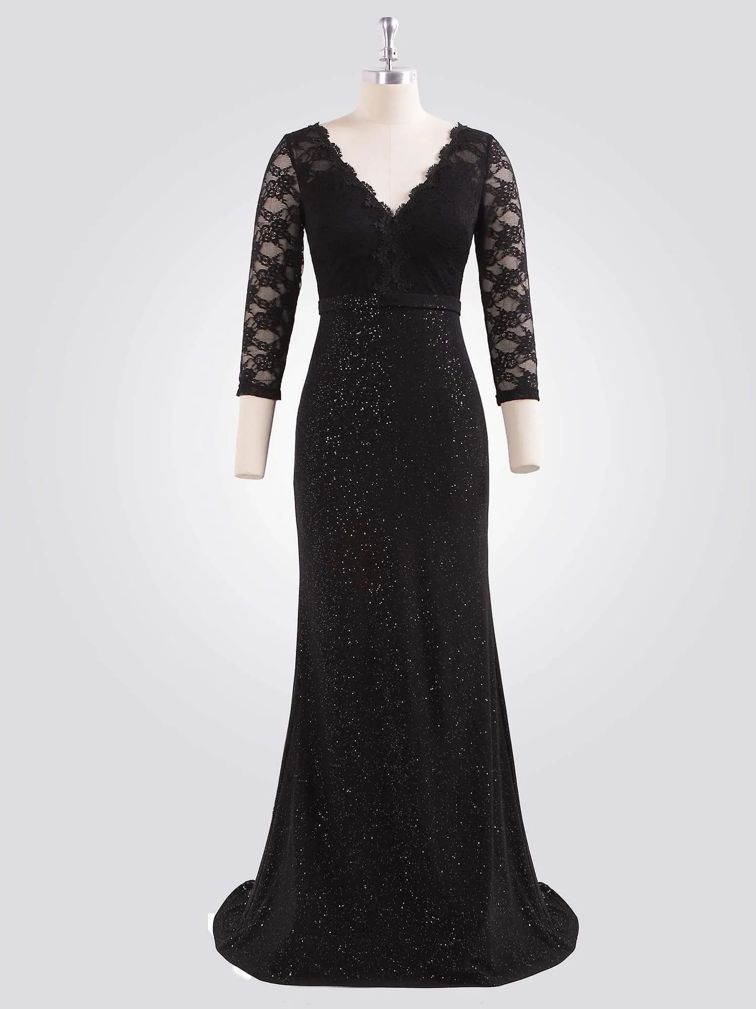 Elegant V Neck Shiny Fishtail Evening Dresses with 3/4 Lace Sleeves