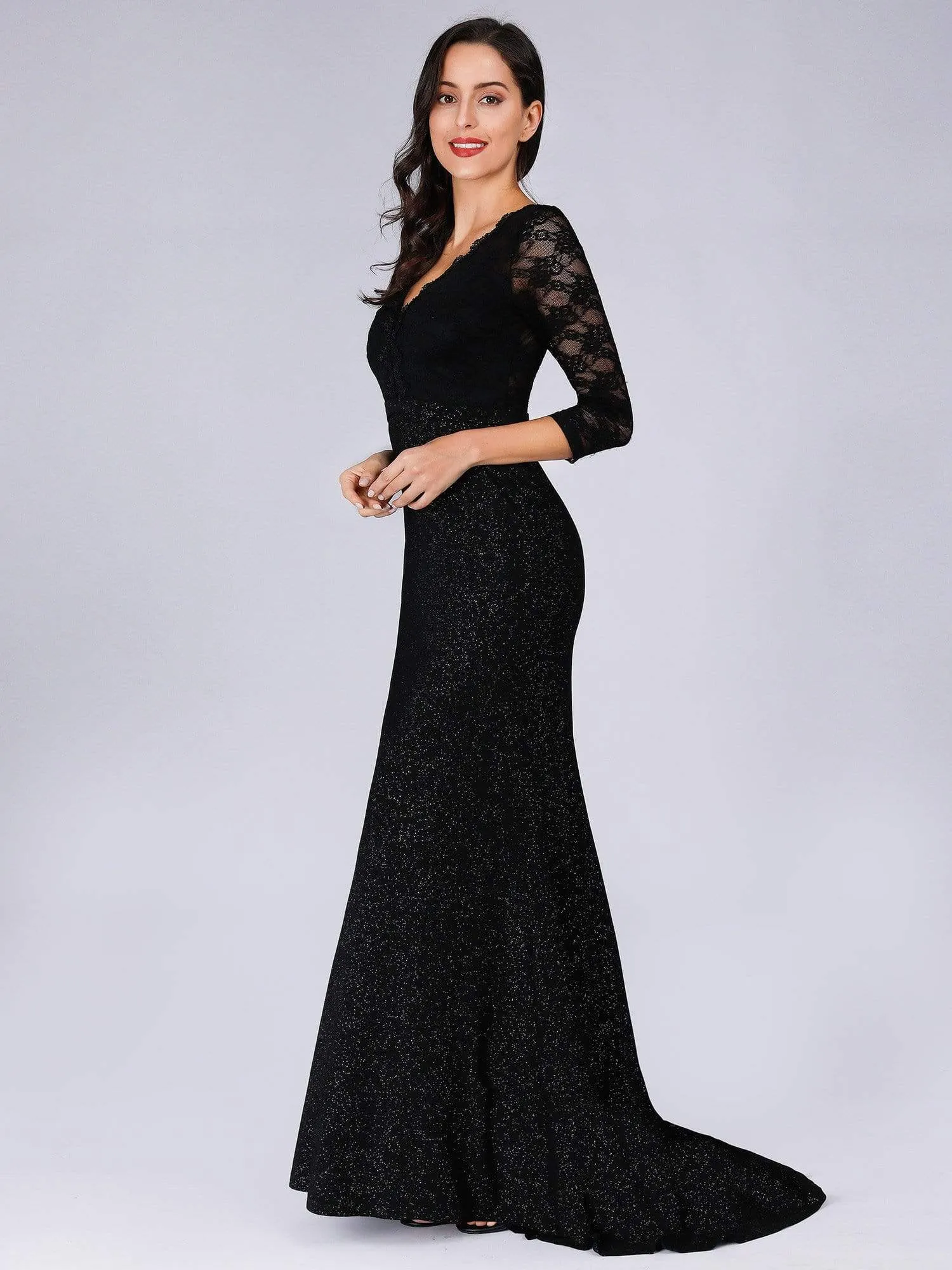 Elegant V Neck Shiny Fishtail Evening Dresses with 3/4 Lace Sleeves