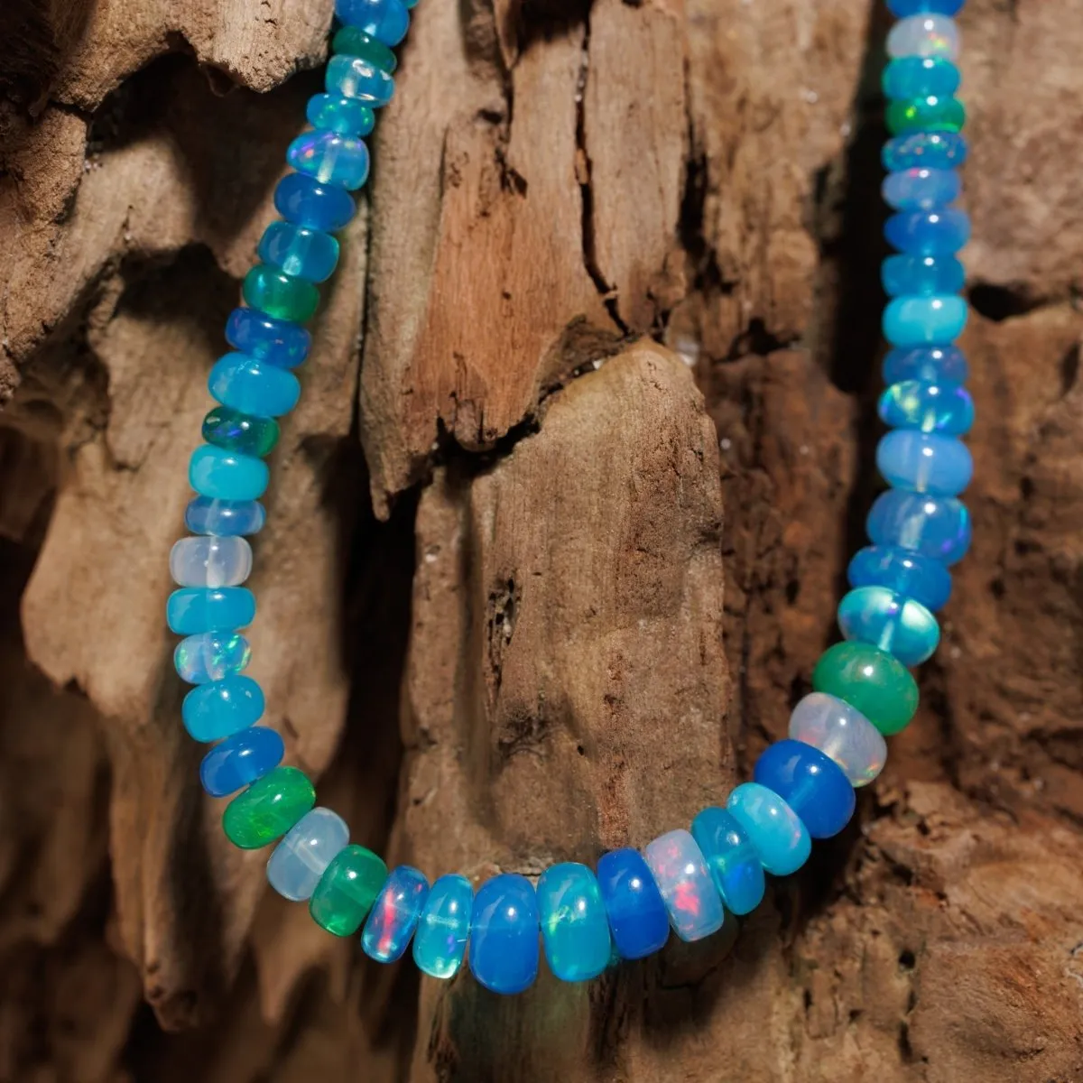 Ethiopian Opal Necklace in Ocean Blues, Graduated Opal Gemstone Strand in Ocean Mix