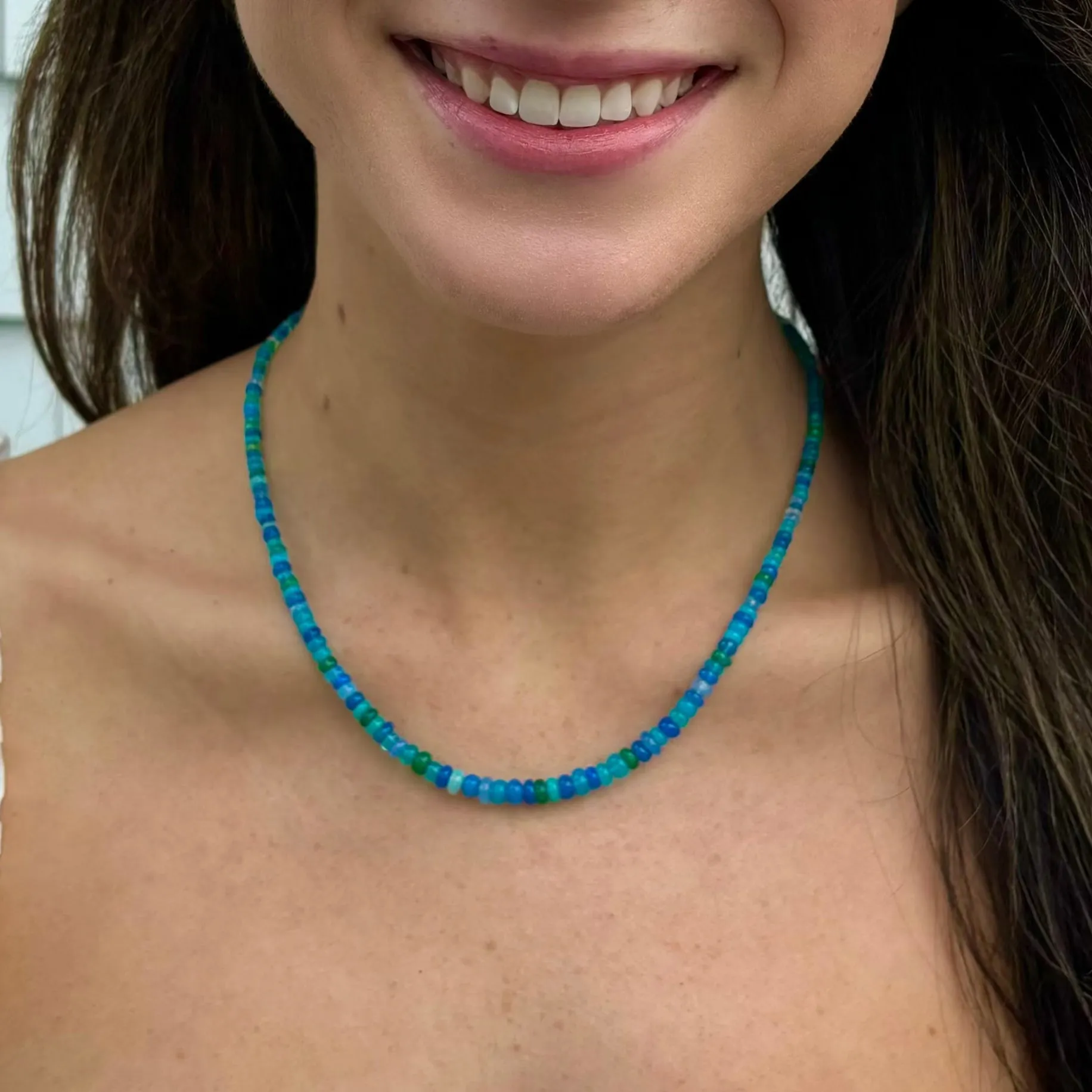 Ethiopian Opal Necklace in Ocean Blues, Graduated Opal Gemstone Strand in Ocean Mix