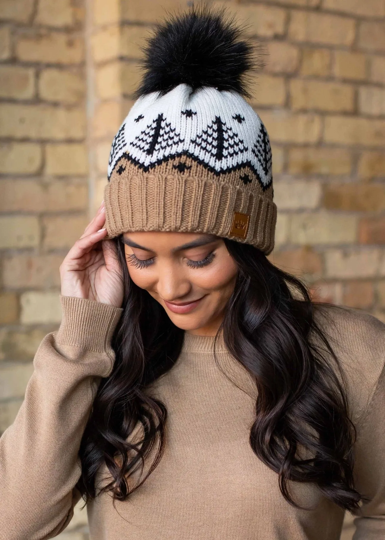 Fair Isle Knit Hat with Faux Fur Pom