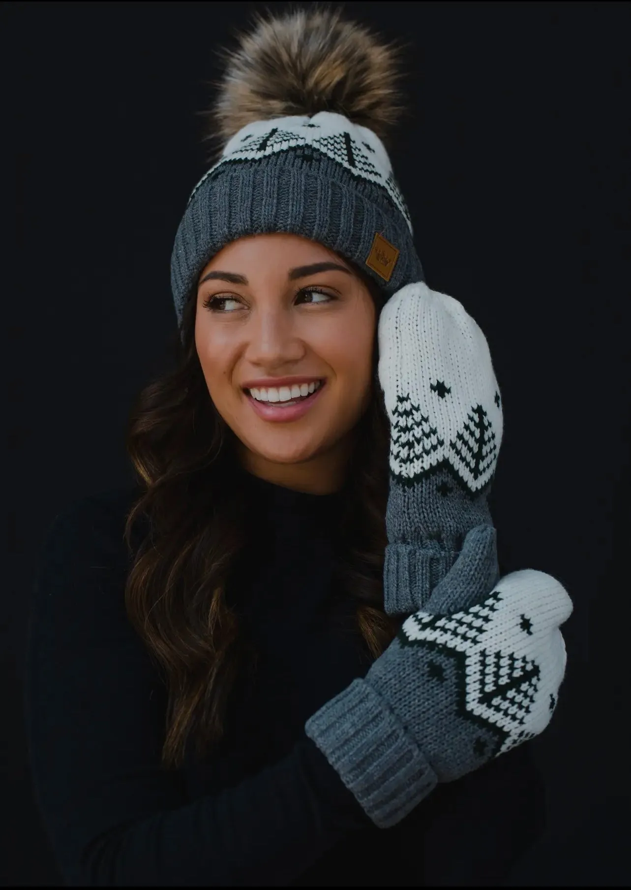 Fair Isle Knit Hat with Faux Fur Pom