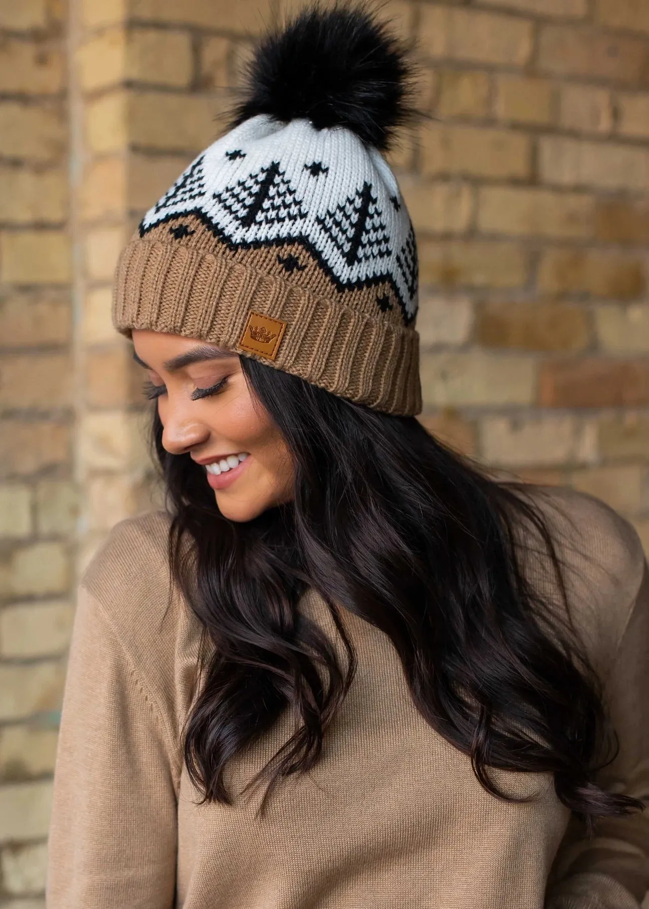 Fair Isle Knit Hat with Faux Fur Pom