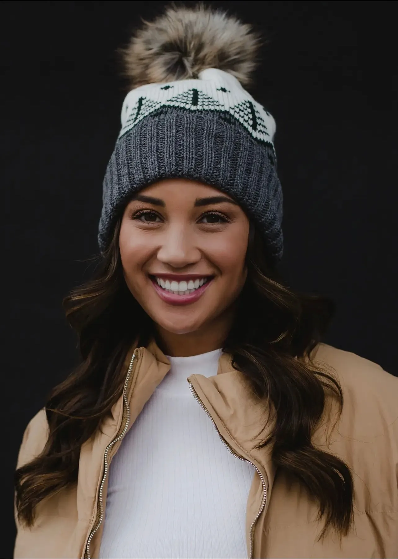 Fair Isle Knit Hat with Faux Fur Pom