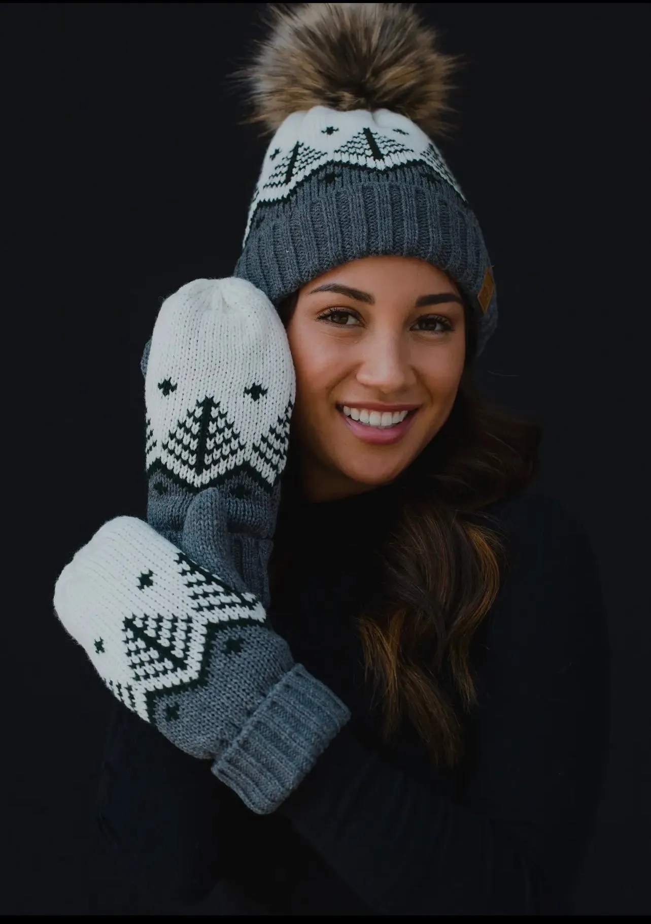 Fair Isle Knit Hat with Faux Fur Pom