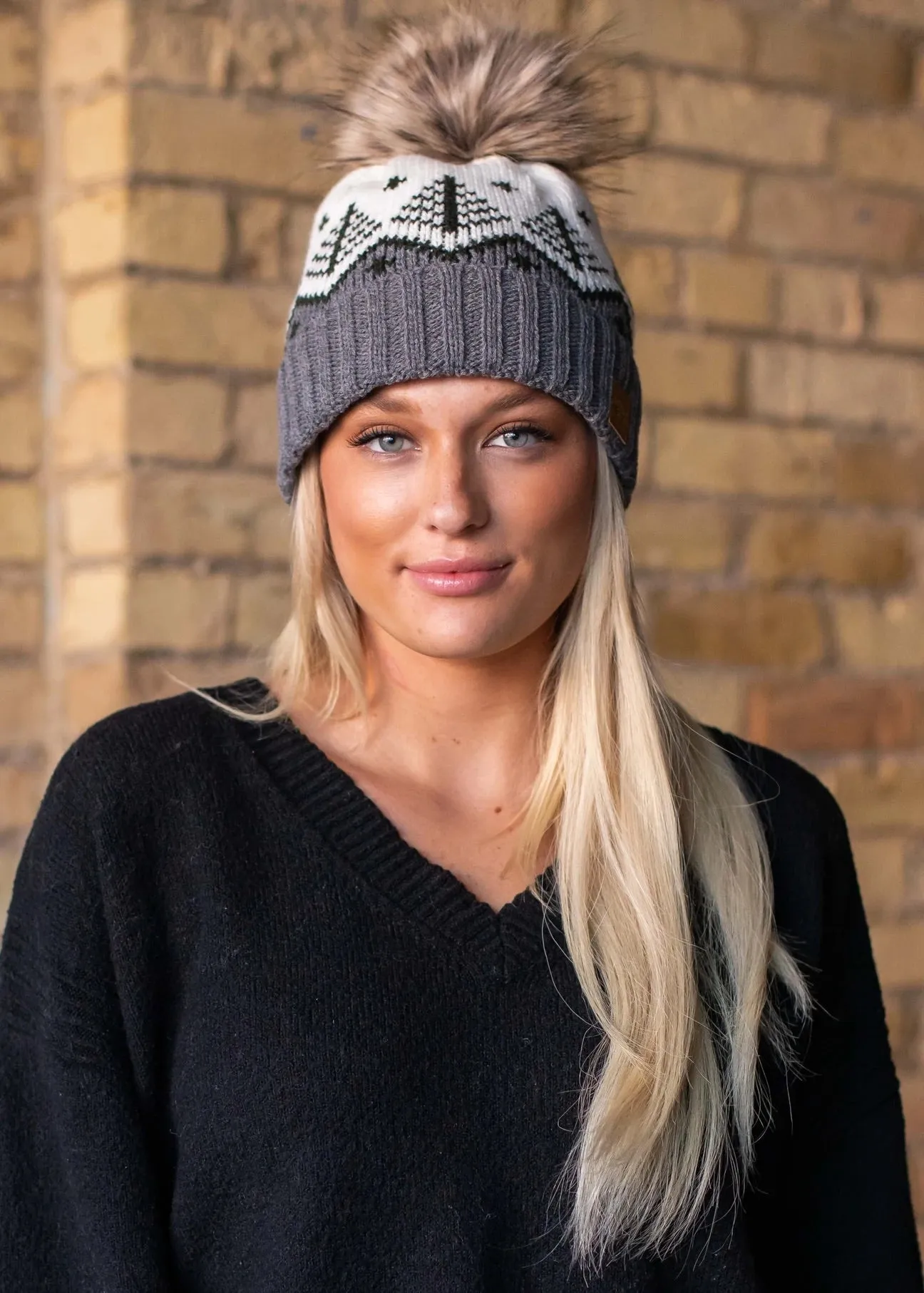 Fair Isle Knit Hat with Faux Fur Pom