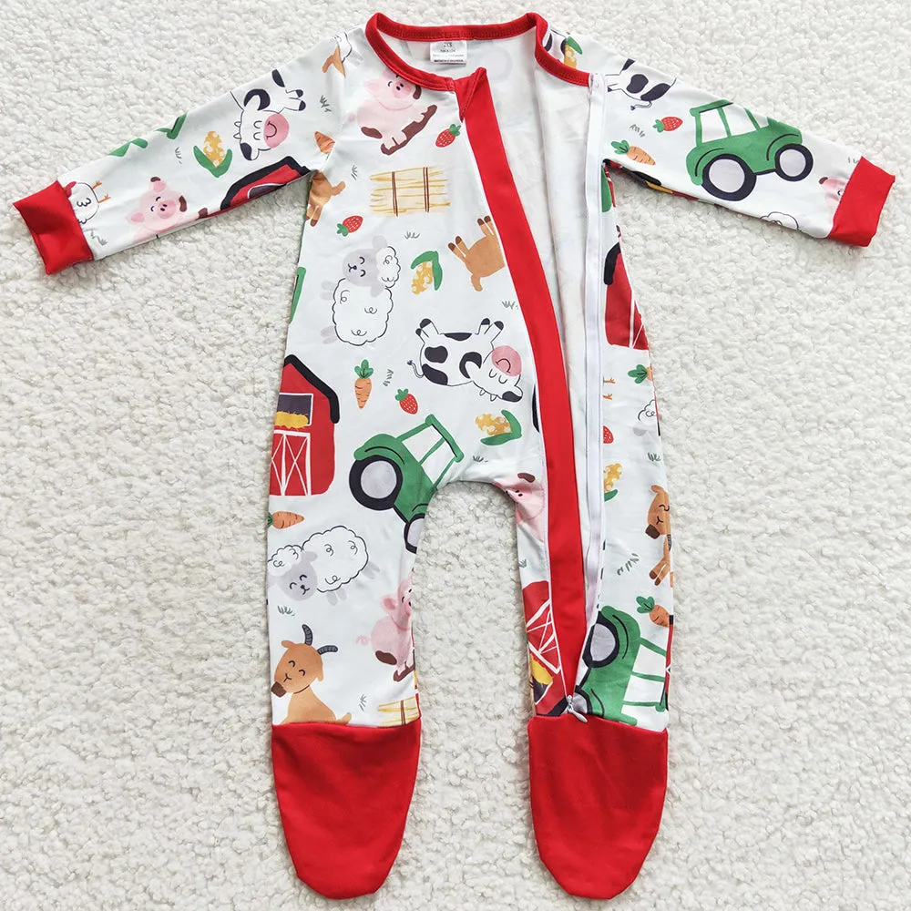 Farm Print Baby Boys Romper Footie Jumpsuit Sibling Girls Romper LR0378 LR0379