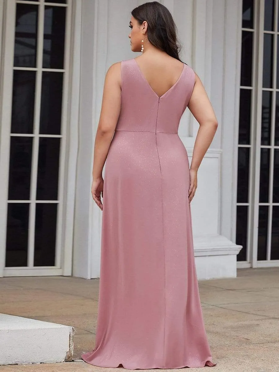 Floor Length V Neck Shiny Evening Dress with Side Split