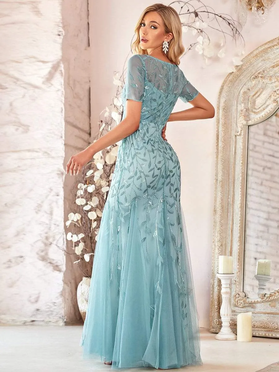 Floral Sequin Maxi Fishtail Tulle Prom Dress with Half Sleeve