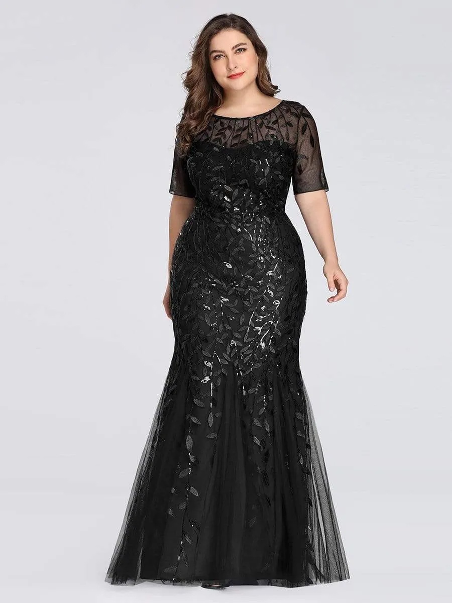 Floral Sequin Maxi Fishtail Tulle Prom Dress with Half Sleeve